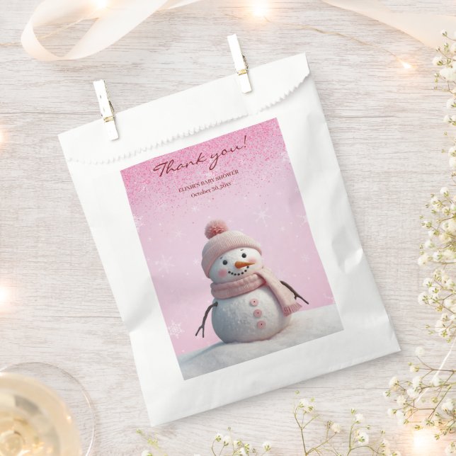 Pink Glitters Winter Snowman Baby Shower Favour Bag (Clipped)