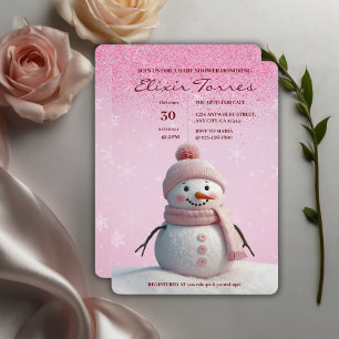 Pink Glitters Winter Snowman Baby Shower Invitation
