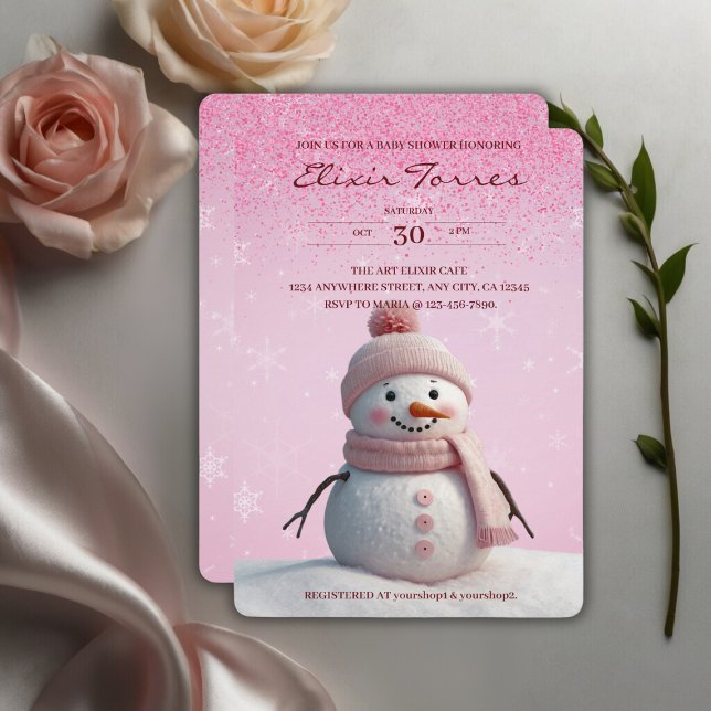 Pink Glitters Winter Snowman Baby Shower Invitation (Creator Uploaded)