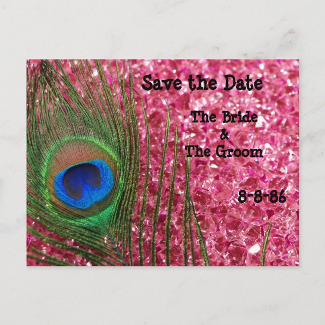Pink Glittery Rock Peacock Save the Date Postcard (Front)