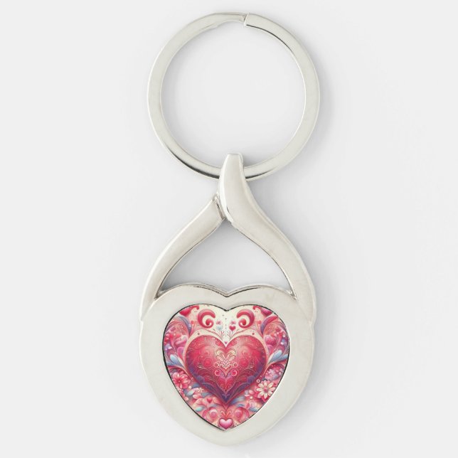 Pink Glittery Swirl Heart Keychain (Front)
