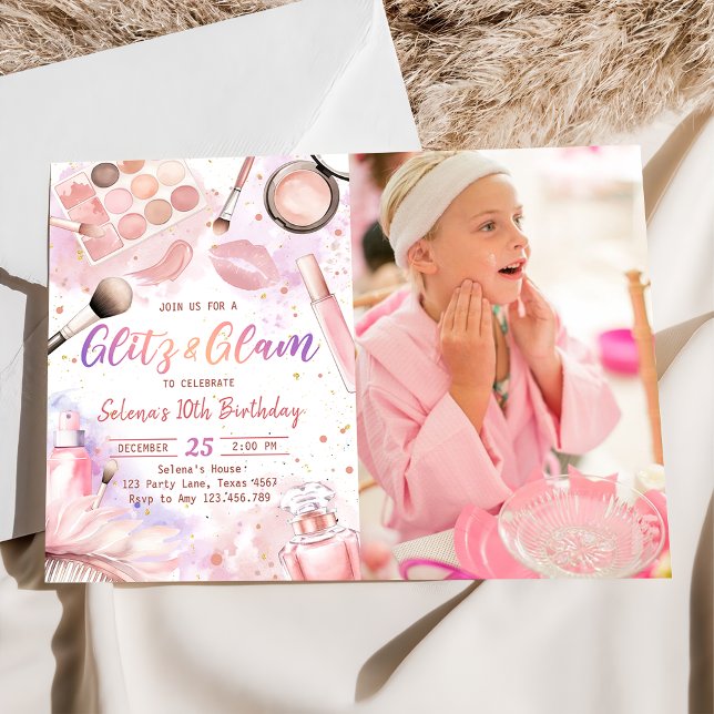 Pink Glitz And Glam Spa Makeup Birthday Photo Invitation (Creator Uploaded)