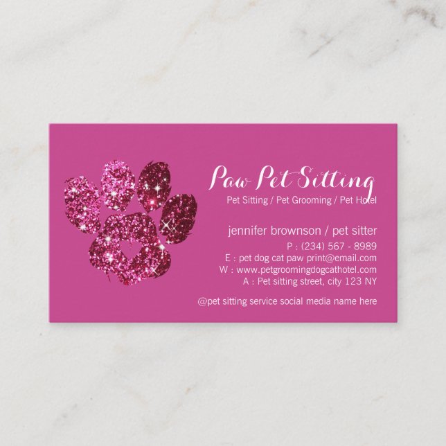 Pink Glitz Dog Cat Grooming Pet Sitter Paw Business Card (Front)