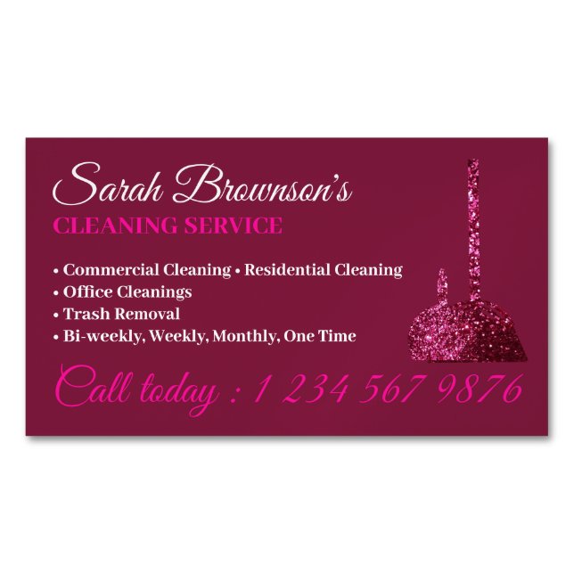 Pink Glitz Glam Cleaning Service Janitorial Magnetic Business Card (Front)