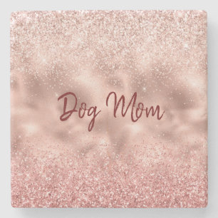 Pink Glitzy Sparkle Glitter Dog Mom Stone Coaster