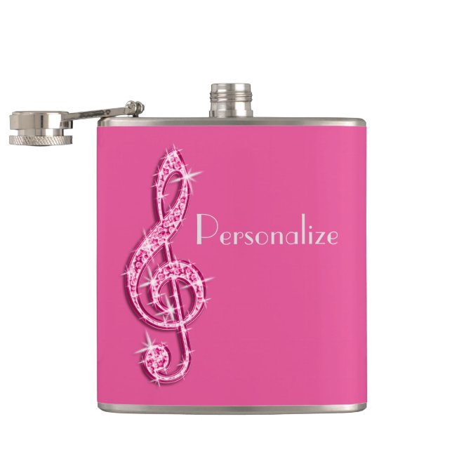 Pink Glitzy Sparkly Music Notes Hip Flask (Opened)