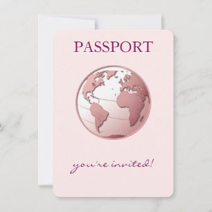 Pink Globe Passport Travel Baby Shower Invitation