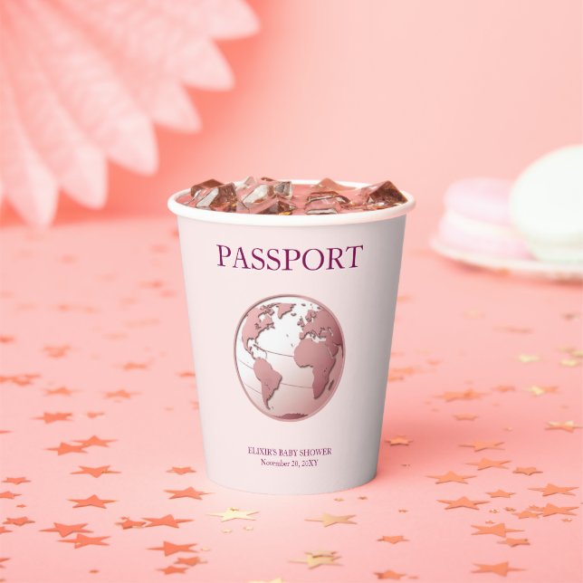 Pink Globe Passport Travel Baby Shower Paper Cups (Insitu)
