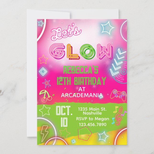 Pink GLOW Birthday Gaming Arcade Party Glow Neon Invitation (Front)