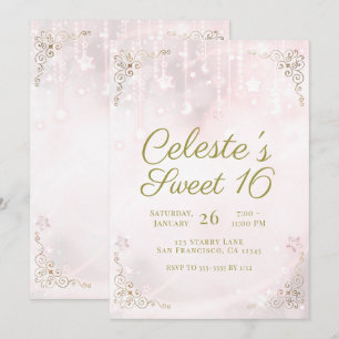 Pink Glow & Gold Celestial Sparkle Sweet 16 Party Invitation