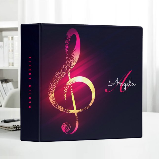 Pink Glowing Music Note Elegant Monogram Custom Binder (Creator Uploaded)