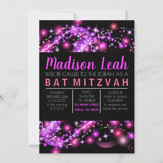 PINK GLOWING STARS Bat Mitzvah Invitation (Front)