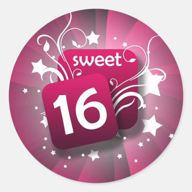 Pink Glowing Swirls and Stars Sweet 16 Classic Round Sticker (Front)