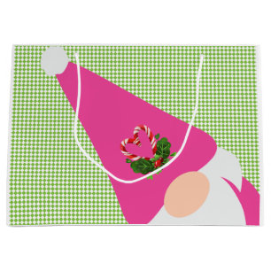 pink gnome christmas green chequered fun festive large gift bag