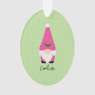 Pink Gnome NAME Year Green Check Christmas Fun Ornament