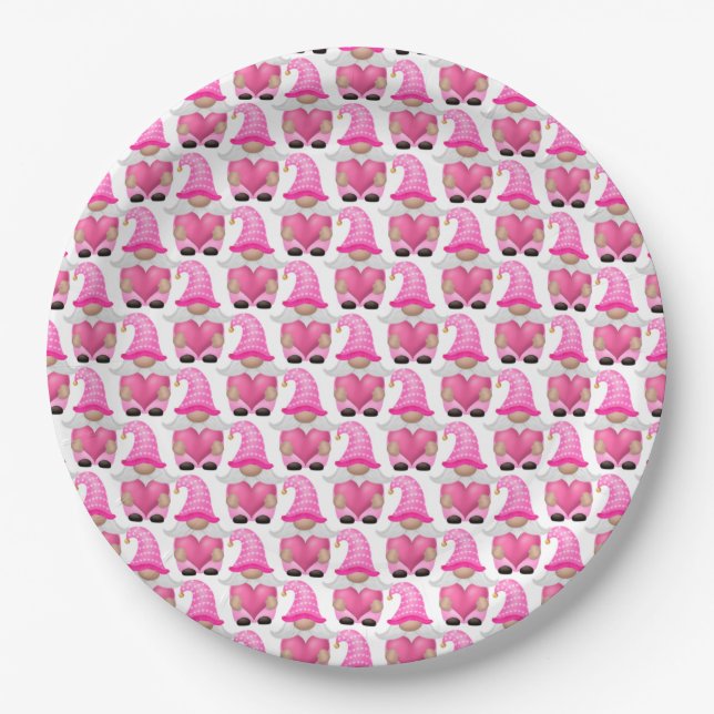 Pink Gnomes Hearts Woodland Scandinavian Cute Paper Plate (Front)
