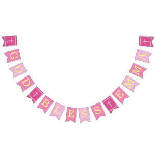 Pink God Bless 4 Letters Name Baptism Communion Bunting Flags