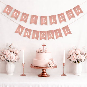 Pink God Bless Girl 7 Letters Baptism Rose Gold Bunting Flags