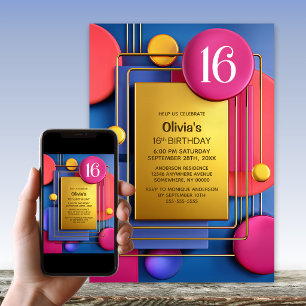 Pink Gold Abstract 16th Birthday Party Invitation
