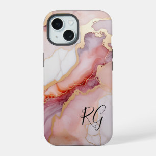Pink Gold Abstract Marble Monogram iPhone 15 Case