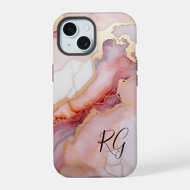Pink Gold Abstract Marble Monogram iPhone 15 Case (Back)