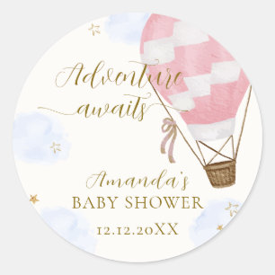 Pink Gold Adventure Hot Air Balloon Baby Shower  Classic Round Sticker