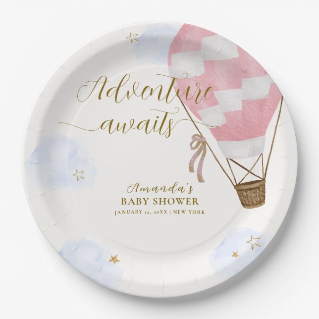 Pink Gold Adventure Hot Air Balloon Baby Shower  Paper Plate (Front)