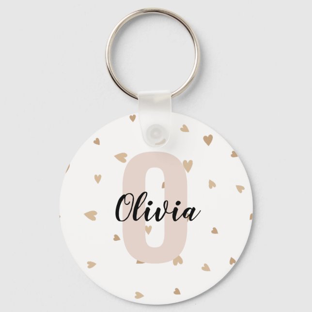 Pink Gold Aesthetic Monagram Name with Hearts Keychain (Front)