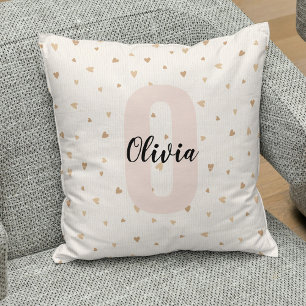 Pink Gold Aesthetic Monagram Name with Hearts Throw Pillow