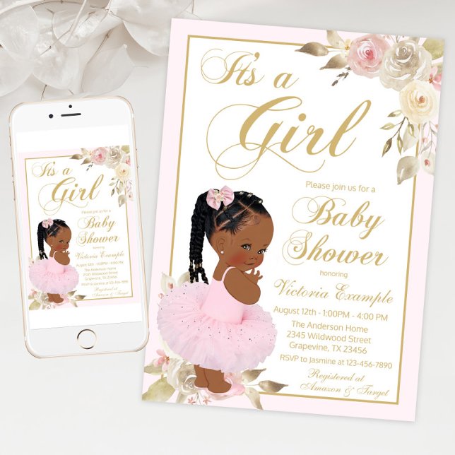 Pink Gold African Princess Tutu Baby Shower  Invitation (Braid princess baby shower invitation with cute baby girl wearing tutu on a pink gold floral back.)