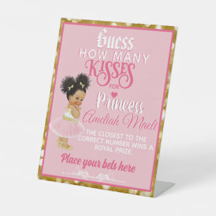 Pink & Gold Afro Ballerina  How Many Kisses Game Pedestal Sign