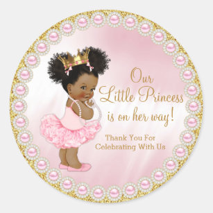 Pink Gold Afro Princess Baby Shower Favour Classic Round Sticker