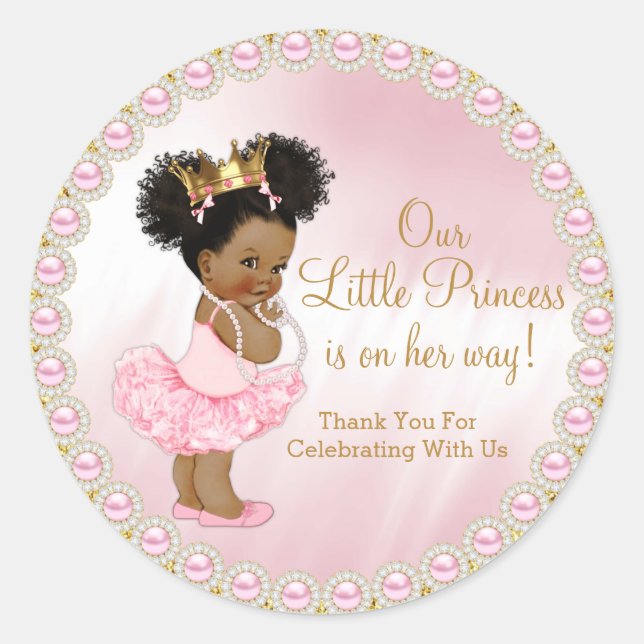 Pink Gold Afro Princess Baby Shower Favour Classic Round Sticker (Front)