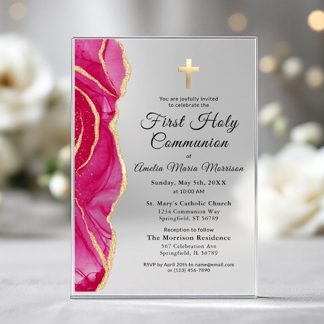 Pink Gold Agate First Holy Communion Girl Acrylic Invitations (Creator Uploaded)