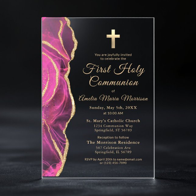 Pink Gold Agate First Holy Communion Girl Acrylic Invitations (Creator Uploaded)