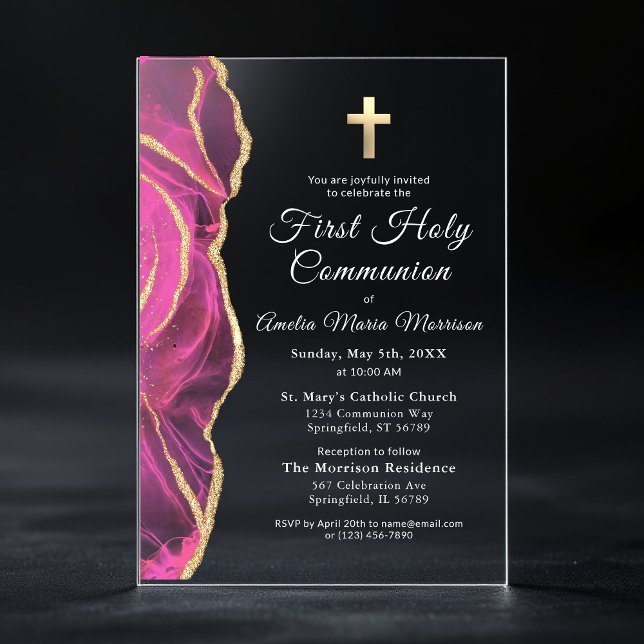 Pink Gold Agate First Holy Communion Girl Acrylic Invitations (Creator Uploaded)