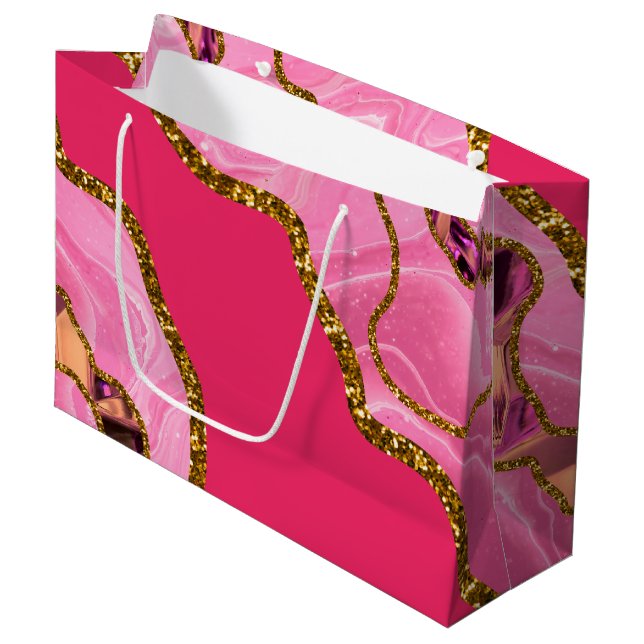 Pink & Gold Agate Geode Glitter  Large Gift Bag (Front Angled)