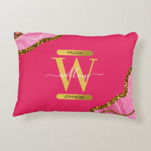 Pink & Gold Agate Geode Glitter Monogram Accent Pillow