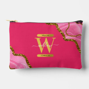Pink & Gold Agate Geode Glitter Monogram Accessory Pouch