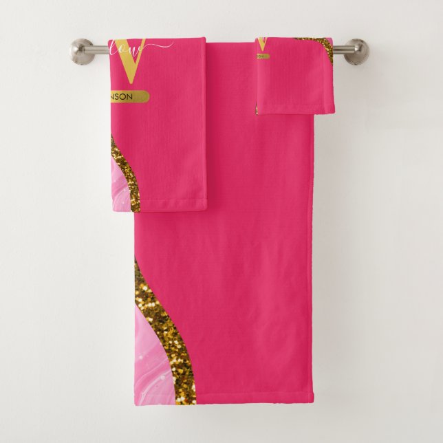 Pink & Gold Agate Geode Glitter Monogram Bath Towel Set (Insitu)