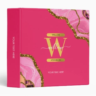Pink & Gold Agate Geode Glitter Monogram Binder