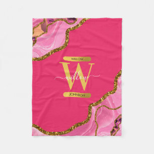 Pink & Gold Agate Geode Glitter Monogram Fleece Blanket