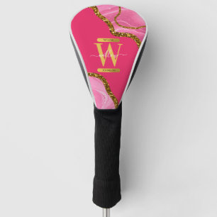 Pink & Gold Agate Geode Glitter Monogram  Golf Head Cover