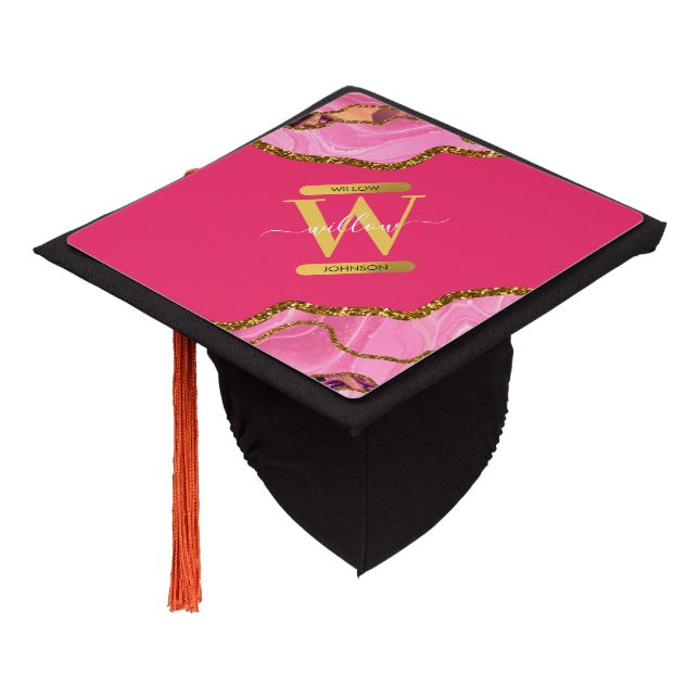 Pink & Gold Agate Geode Glitter Monogram Graduation Cap Topper (Angled)
