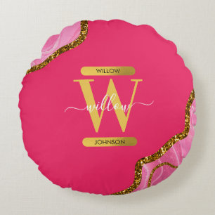 Pink & Gold Agate Geode Glitter Monogram Round Pillow