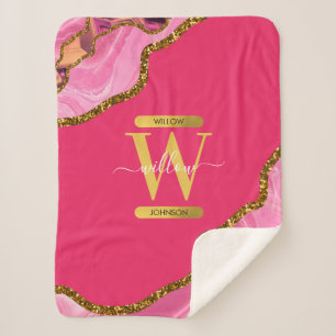 Pink & Gold Agate Geode Glitter Monogram  Sherpa Blanket