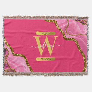 Pink & Gold Agate Geode Glitter Monogram Throw Blanket