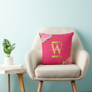 Pink & Gold Agate Geode Glitter Monogram Throw Pillow