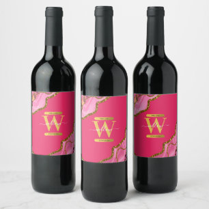 Pink & Gold Agate Geode Glitter Monogram Wine Label