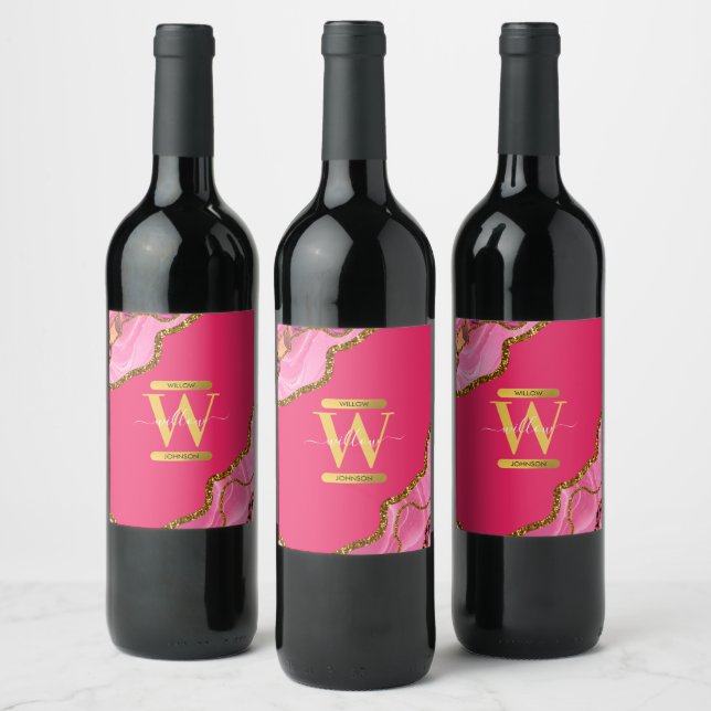 Pink & Gold Agate Geode Glitter Monogram Wine Label (Bottles)